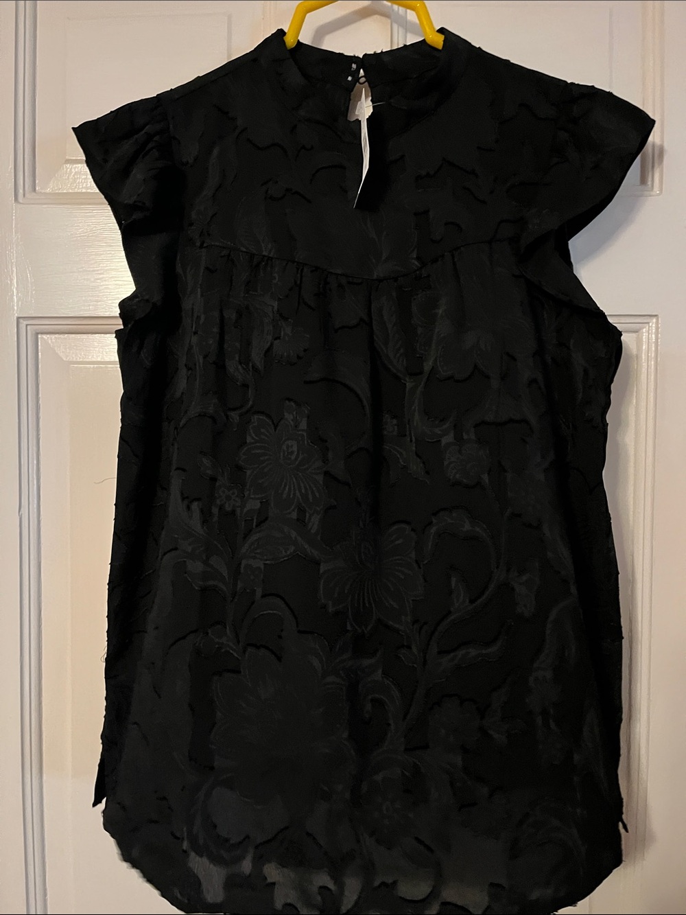 LOFT Black Floral Jacquard Cap-Sleeve Blouse